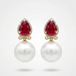 Pendientes "Realeza Imperial" en Oro de 14K, Rubíes y Perlas.