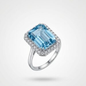 Anillo de Oro Blanco 14K con Aguamarina y Halo de Diamantes!