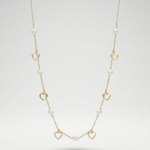 COLLAR DE ESLABONES CON PERLA Y DIJES DE CORAZON